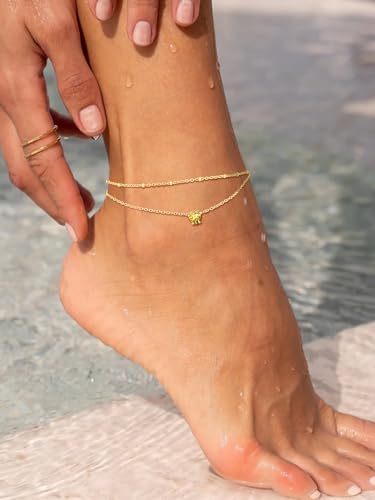 Suplight Gold Plated Butterfly Anklets for Women Waterproof, Layered Boho Ankle Bracelet with Birthstone, Stainless Steel Adjustable Non-Tarnish Heart Foot Jewelry Beach Vacation - color: 11. Heart-Nov. Yellow Topaz