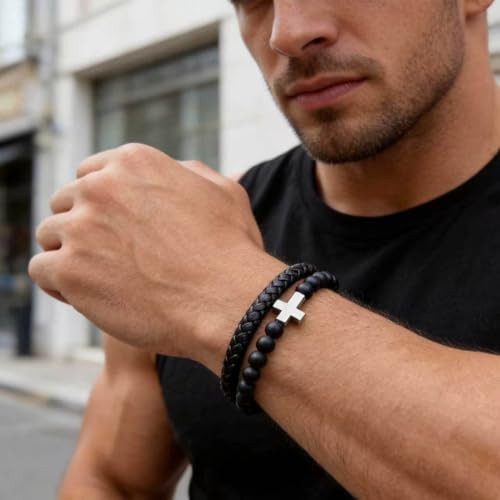Italian Handmade Leather Bracelets for Men - color: Silver Cross, size: 8.2"