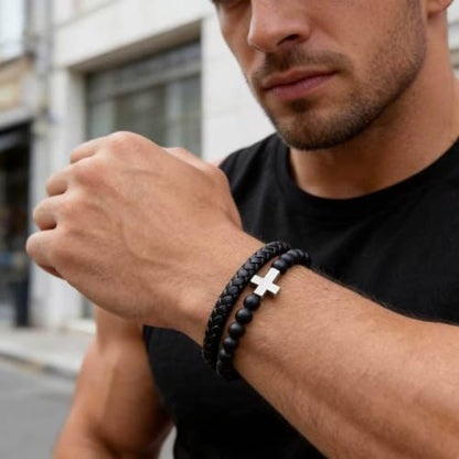 Italian Handmade Leather Bracelets for Men - color: Silver Cross, size: 8.2"
