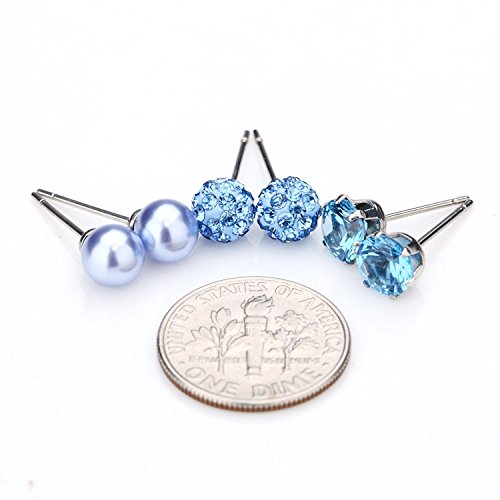 JewelrieShop Birthstone Studs Earring Set Cubic Zirconia Rhinestones Crystal Ball Faux Pearl Stainless Steel Stud Earrings for Women Jewelry Gift (6mm Round,3 Pairs) - color: 3) Mar. - Light Blue
