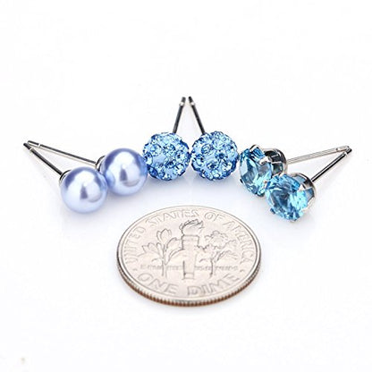JewelrieShop Birthstone Studs Earring Set Cubic Zirconia Rhinestones Crystal Ball Faux Pearl Stainless Steel Stud Earrings for Women Jewelry Gift (6mm Round,3 Pairs) - color: 3) Mar. - Light Blue