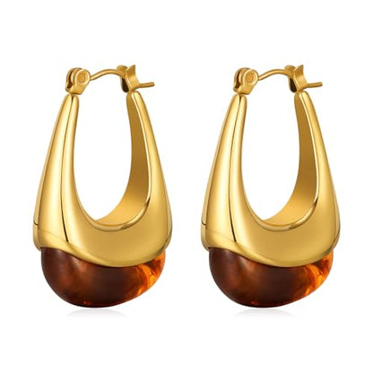 Brown Earrings Circle Chunky Earrings for Women Trendy 18K Gold Plated Stud Hoop Stainless Steel Hypoallergenic - color: Brown Hoop