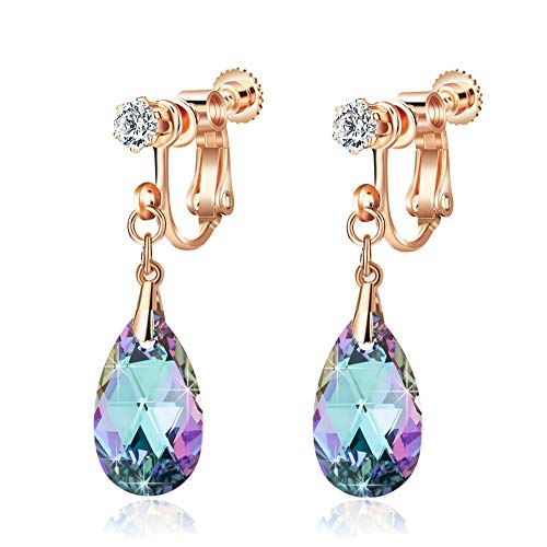 EVEVIC Austrian Crystal Teardrop Clip On Drop Earrings for Women | Adjustable Screw-Back Fit, 14K Rose Gold-Plated, Soft Silicone Pads Included, Comfortable For Pierced Or Non-Pierced Ears - color: Vitrail Light