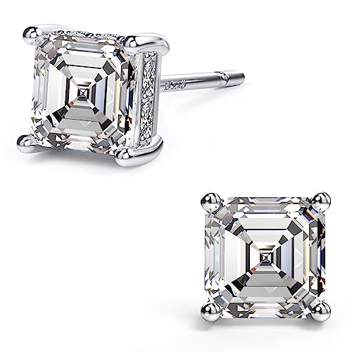 Asscher Cut Cubic Zirconia Stud Earrings for Men Women | Square CZ Simulated Diamond Studs, 18K White Gold Plated Sterling Silver - color: White Gold, size: 5MM