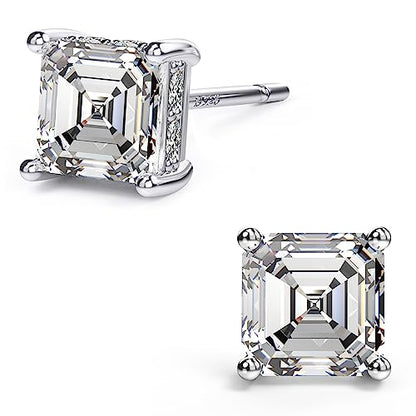 Asscher Cut Cubic Zirconia Stud Earrings for Men Women | Square CZ Simulated Diamond Studs, 18K White Gold Plated Sterling Silver - color: White Gold, size: 5MM