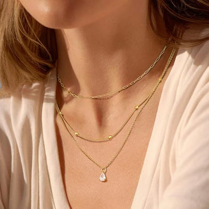 Kakonia Layered Gold Necklaces for Women, 3-Piece Gold Necklace Stack | 14K gold plated pendant necklace set, 3 dainty gold chains, trendy jewelry for women, ideal for weddings, proms or gifting - style: Teardrop-shape CZ Pendant