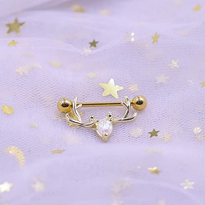 2PCS 14G 316L Stainless Steel Opal Nipple Rings Deer Head Nipple Barbell Nipple Piercings Jewelry for Women - color: gold
