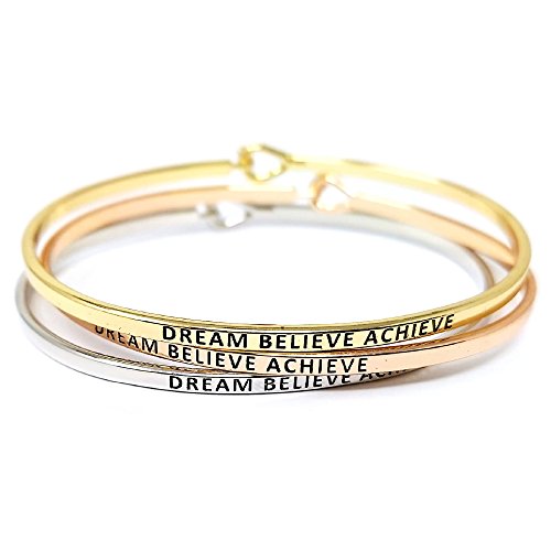 by you Inspirational Positive Message Engraved Thin Cuff Bangle Hook Bracelet - color: Dream Believe Achieve-Gold