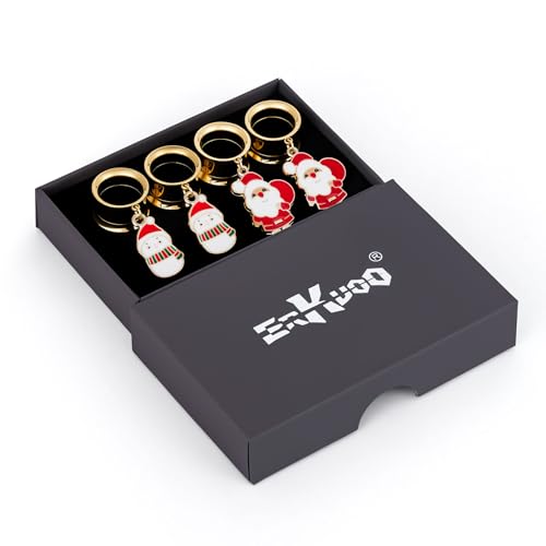 ERKUOO 4PCS Christmas Ear Tunnels Set Stainless Steel Double Flare Gold Tone Plug Gauges with Santa Snowman Reindeer Candy Cane Dangle Charms Holiday Stretching Jewelry Gift for Women Men 6mm-25mm - color: Snowman & Santa Set, size: 18mm