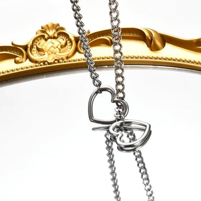 Qitian Stainless Steel Adjustable Lariat Y-Necklace for Men,Punk Gothic Cuban Necklace Jewelry,Heart O-ring Slip Chain Necklace for Women - color: Silver