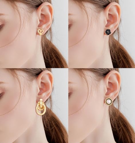 Tornito 10-15 Pairs Clip on Stud Earrings Non Pierced Teardrop Round Square CZ Pearl Twist Knot Flower Butterfly Heart Star Rainbow Cat Opal Clip on Earrings for Women - color: K:10 Pairs Gold Tone