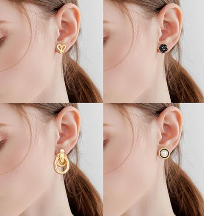 Tornito 10-15 Pairs Clip on Stud Earrings Non Pierced Teardrop Round Square CZ Pearl Twist Knot Flower Butterfly Heart Star Rainbow Cat Opal Clip on Earrings for Women - color: K:10 Pairs Gold Tone