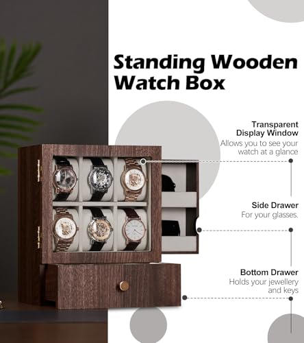 Homde Wooden Watch Box for Men: Display Case with 6 Slots | Organizer for Watches Glasses Jewelry - Nightstand Dresser Display-Clear Dustproof Window for Easy Viewing (M Size) - size: M
