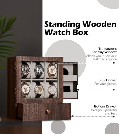 Homde Wooden Watch Box for Men: Display Case with 6 Slots | Organizer for Watches Glasses Jewelry - Nightstand Dresser Display-Clear Dustproof Window for Easy Viewing (M Size) - size: M