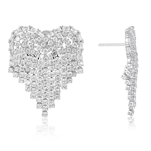 Square Statement Stud Earrings for Women, White Gold Plated with 925 Sterling Silver Post, Hypoallergenic Earrings for Sensitive Ears, Aquamarine Gemstone Jewelry Gift for Women - color: QISE-07-CZHeart-01