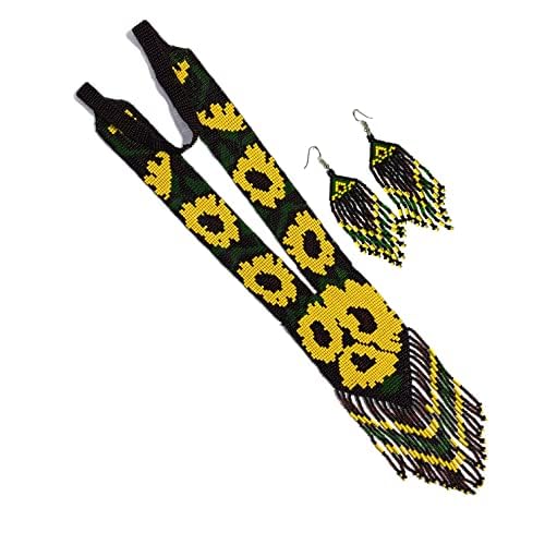 Long Beaded Necklace – Boho Native Handmade Seed Bead Tassel Necklace, Bohemian Large Statement Beaded Necklace for Women - color: Black/Yellow