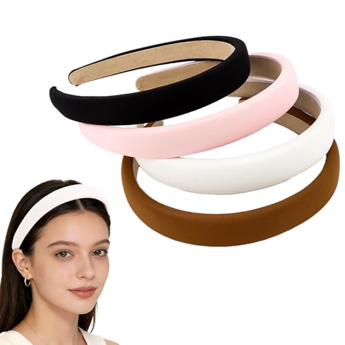 Headbands for Women Non Slip Thick Padded Black White Pink Brown Headband Cute Fabric Sofa Headbands for Girls Wide Head Bands for Women's Hair Summer Short Hair Accessories for Girls 4PCS