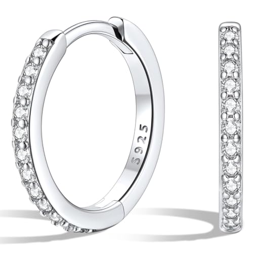 Silvora 925 Sterling Silver Huggie Hoop Earrings for Women, Small Hoop Earrings for Women, Cubic Zirconia Cartilage Earrings for Sensitive Ears, 6/8/10/12/14/16/18/20mm - color: B.Sterling Silver–White Gold Plated, size: 12MM