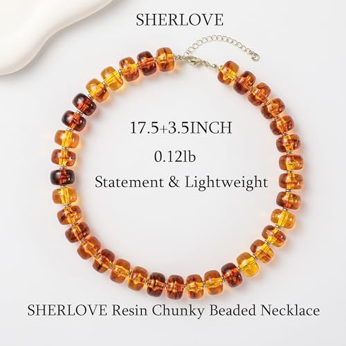 SHERLOVE Chunky Statement Large Resin Beaded Choker Necklaces for Women | Big Lightweight Bead Beaded Necklace Trendy Fashion Boho Summer Beach Vacation Jewelry - color: Beaded Choker Amber