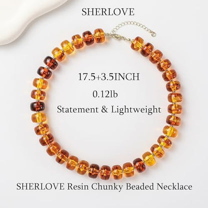 SHERLOVE Chunky Statement Large Resin Beaded Choker Necklaces for Women | Big Lightweight Bead Beaded Necklace Trendy Fashion Boho Summer Beach Vacation Jewelry - color: Beaded Choker Amber