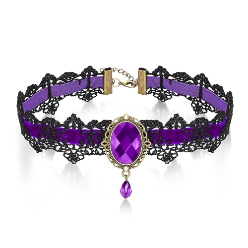 AILUOR Punk Rock Wedding Party Handmade Black Lace Choker, Gothic Retro Lolita Beads Chain Vampire Pendant Necklace for Women Halloween - color: Purple