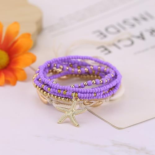 Bohemian Starfish Bracelets for Women - Adjustable Stackable Beach Bracelets, Handmade Stretchy Beaded Summer Jewelry, Perfect for Surf & Waterproof Fun - color: Purple