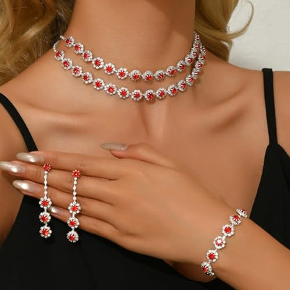 Rhinestone Bridal Wedding Jewelry Set，Crystal Necklace Earrings Bracelet Sets Formal Costume Jewelry for Women and Brides - color: RED