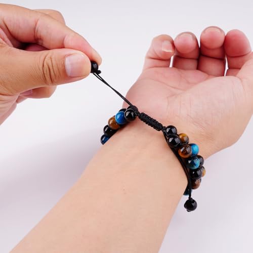 Triple Protection Bracelet,Bracelets for Men Women, Natural Tiger Eye Jewelry Stone Hematite and Blue Stone Hematite 8mm Crystal Bracelet - Adjustable Size with Premium Gift-Box - color: Blue-Brown-Black