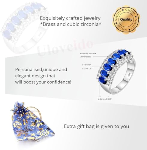Uloveido Beautiful Women's 7 Stones Wedding Band Oval Cubic Zirconia Engagement Anniversary Rings J501 - color: Platinum-Dark blue