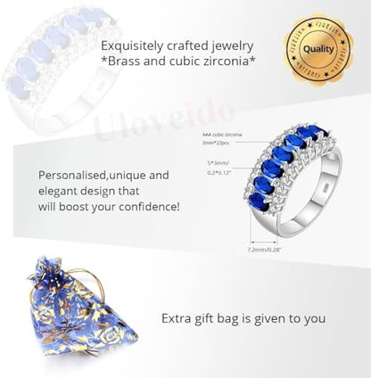 Uloveido Beautiful Women's 7 Stones Wedding Band Oval Cubic Zirconia Engagement Anniversary Rings J501 - color: Platinum-Dark blue