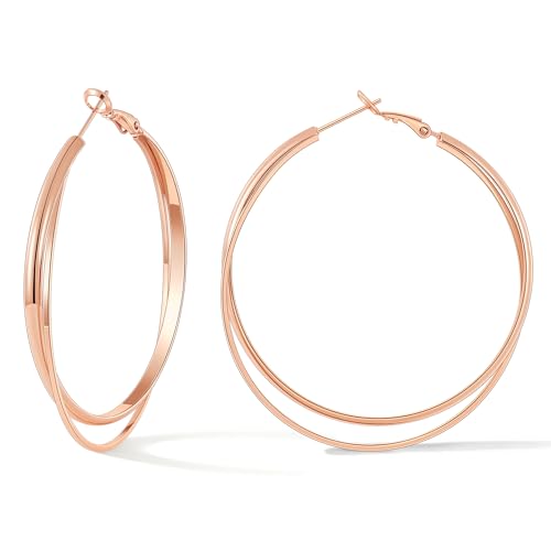 Gacimy Criss Cross Hoop Earrings for Women, 14K Gold Plated Hoops | Hypoallergenic 3mm Wide Double Layer Crossover Hoop Earrings with Lightweight Statement Design, Fashion Gift for Women - color: Rose Gold, size: 50mm