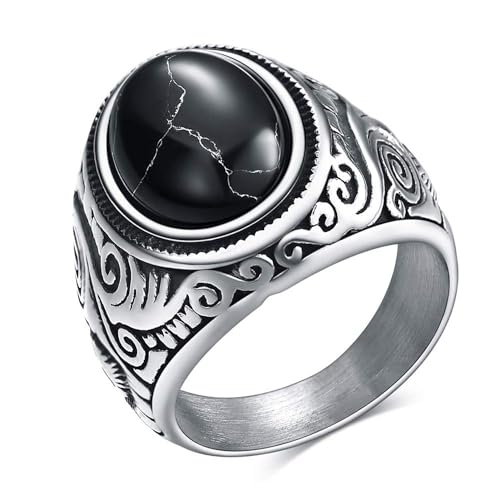 MYNENEY Retro Vintage Stone Rings for Men Turquoise Rings Stainless Steel - color: black