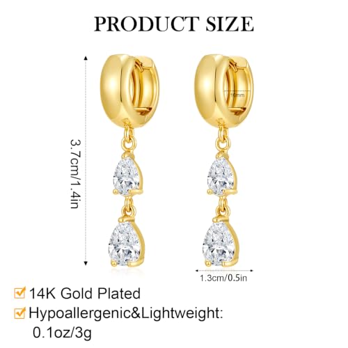 Gold Dangle Earrings for Women 14K Gold Plated Chunky Huggie Hoops Drop Earring Trendy Cubic Zirconia Diamond Crystal Round Teardrop Heart Charm Hypoallergenic Statement Jewelry Gifts - color: gold-teardrop CZ