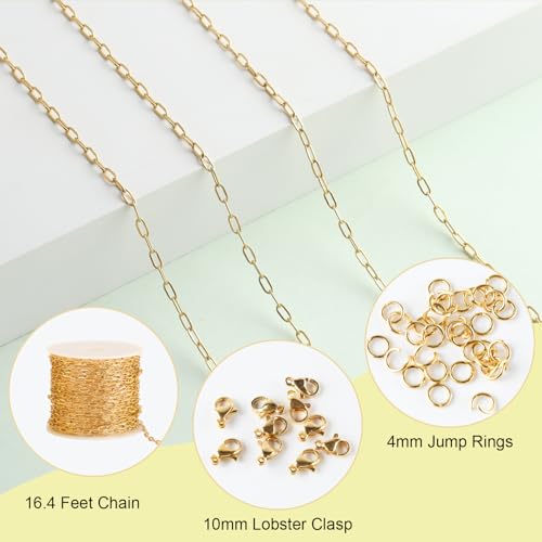 SMYHTGLIF 5 Meters Stainless Steel Paperclip Chain for Jewelry Making | Gold Cable DIY Craft Jewelry Making Chains Bulk with Lobster Clasps and Open Jump Rings - color: Gold, size: 2.5×5.3mm