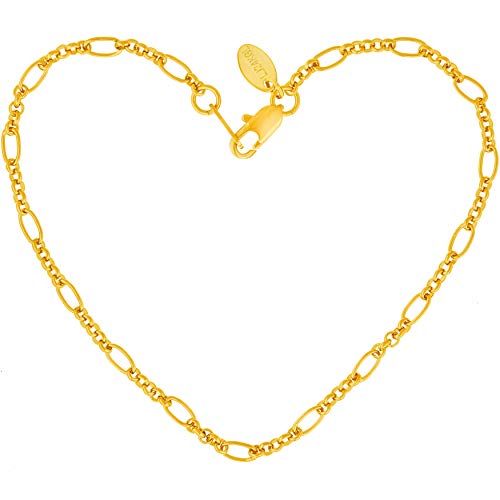 LIFETIME JEWELRY Womens Gold Anklet 2mm Figaro Link Chain Ankle Bracelet 24k Real Gold Plated