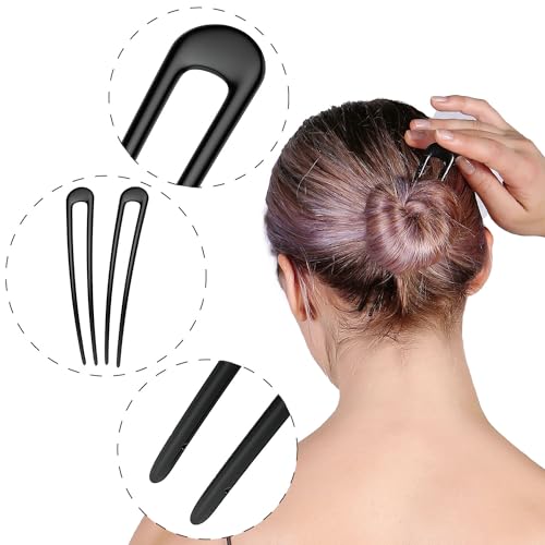 HYFEEL French Hair Pins Metal Hair Fork U Shaped Extra Long Chignon 2 Prong Sticks for Women Hair Accessories (Black- 2 Pieces) - color: Black - 2 Pieces