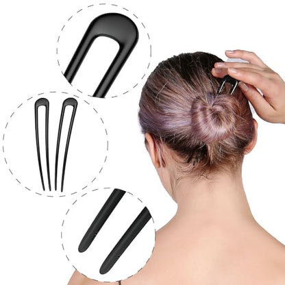 HYFEEL French Hair Pins Metal Hair Fork U Shaped Extra Long Chignon 2 Prong Sticks for Women Hair Accessories (Black- 2 Pieces) - color: Black - 2 Pieces
