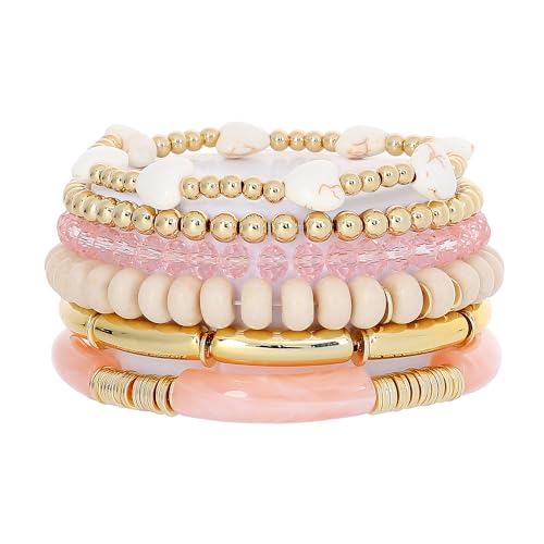 GOOJIDS Simple Beaded Gold Plated Bangles Bracelet Chunky Bamboo Tube Curved Stacking Clear Acrylic Colorful Beads Stretchable Gold Plated Bracelets Set For Women - color: A-A1 Gold Bead Set D