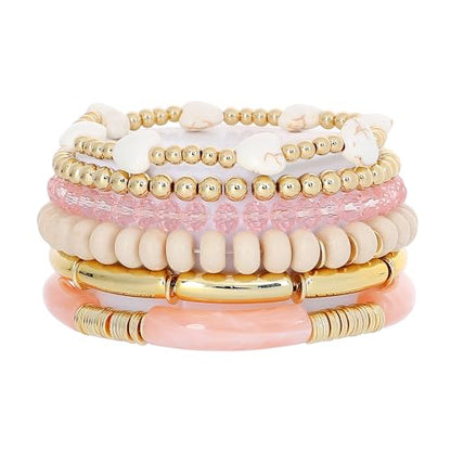 GOOJIDS Simple Beaded Gold Plated Bangles Bracelet Chunky Bamboo Tube Curved Stacking Clear Acrylic Colorful Beads Stretchable Gold Plated Bracelets Set For Women - color: A-A1 Gold Bead Set D