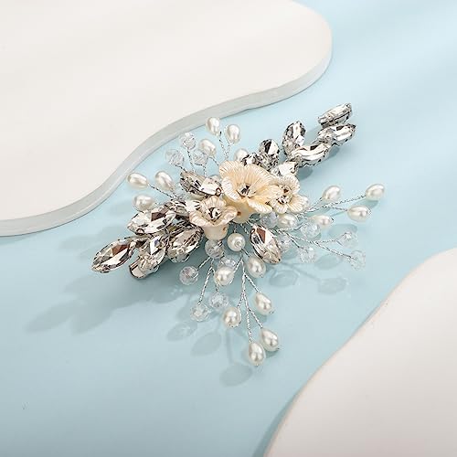 Xerling Silver Rhinestones Crystal Flower Hair Barrettes Clip Boho Bridal Pearl Hair Jewelry Accessories for Women Wedding Floral Headpieces (Silver) - color: Silver
