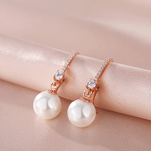 Pearl Dangle Drop Earrings for Women 925 Sterling Silver Pearl Leverback Earrings Cubic Zirconia Pearl Dangling Earrings 10MM - color: 3. Rose Color10mm