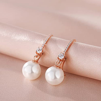 Pearl Dangle Drop Earrings for Women 925 Sterling Silver Pearl Leverback Earrings Cubic Zirconia Pearl Dangling Earrings 10MM - color: 3. Rose Color10mm