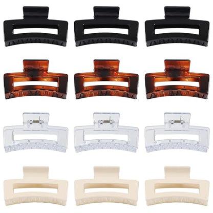 Sisiaipu 3.5 Inch Medium Square Claw Hair Clips, 12 Pcs Transparent, Amber, Glossy Black for Thick and Thin Hair - Hair Accessories for Women and Girls - color: Transparent