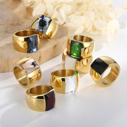 OIDIMS Stunning Large Statement Glass Crystal Rhinestone Band Cocktail Ring Cubic Zirconia Stainless Steel Thick Chunky for Women Men18k Gold Plated Friend Graduation Gift Evening Party - color: Black, size: 6