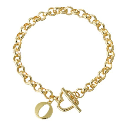 14K Gold Plated Stainless Steel A-Z Alphabet Letter Heart Bracelet | Non-Tarnish Dainty Charm with a Romantic Toggle Clasp Daily Fashion Jewelry, 7-inch Rolo Chain, Personalized Gift for Her - color: O