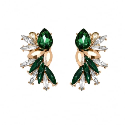 Emerald Green Rhinestone Dangle Earrings for Women Statement Prom Jewelry | Vintage Rhinestone Statement Earrings, Fashion Bling Colorful Marquise Drop Crystal Cluster Dangle Clip-on Earrings for Women