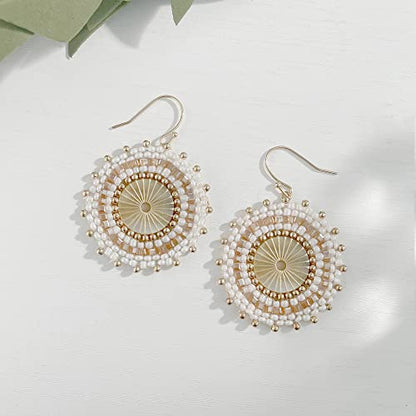 Colorful Bead Earrings For Women Summer Beach Handmade Bead Earrings Bohemia Hoop Dangle Earring For women - color: Off white