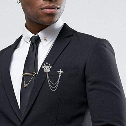 Collar Chain Pin for Men and Women - Hanging Tassel Brooch Lapel Pin for Business Suits - Bar Pin With Long Chain - Gifts - color: H: crown silver
