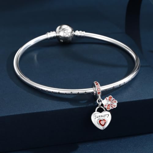 HappyStar 925 Sterling Silver Happy Birthday Bead Charm Love Heart Shape Birthstone Charms for Bracelets Dangle Pendant with 5A Cubic Zirconia Compatible Pandora Bracelets Jewelry Gift for Women - color: 1-January Birthstone Charms