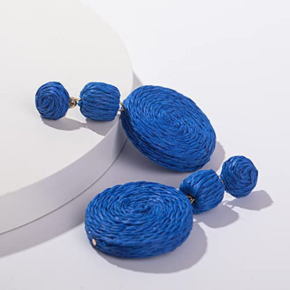 Statement Raffia Boho Round Dangle Ball Earrings - Cute Handmade Summer Bohemian Dangling Jewelry for Women - color: Royal Blue